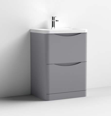 Nuie Lunar Satin Grey 600mm Floor Standing 2 Drawer Unit & Polymarble Basin